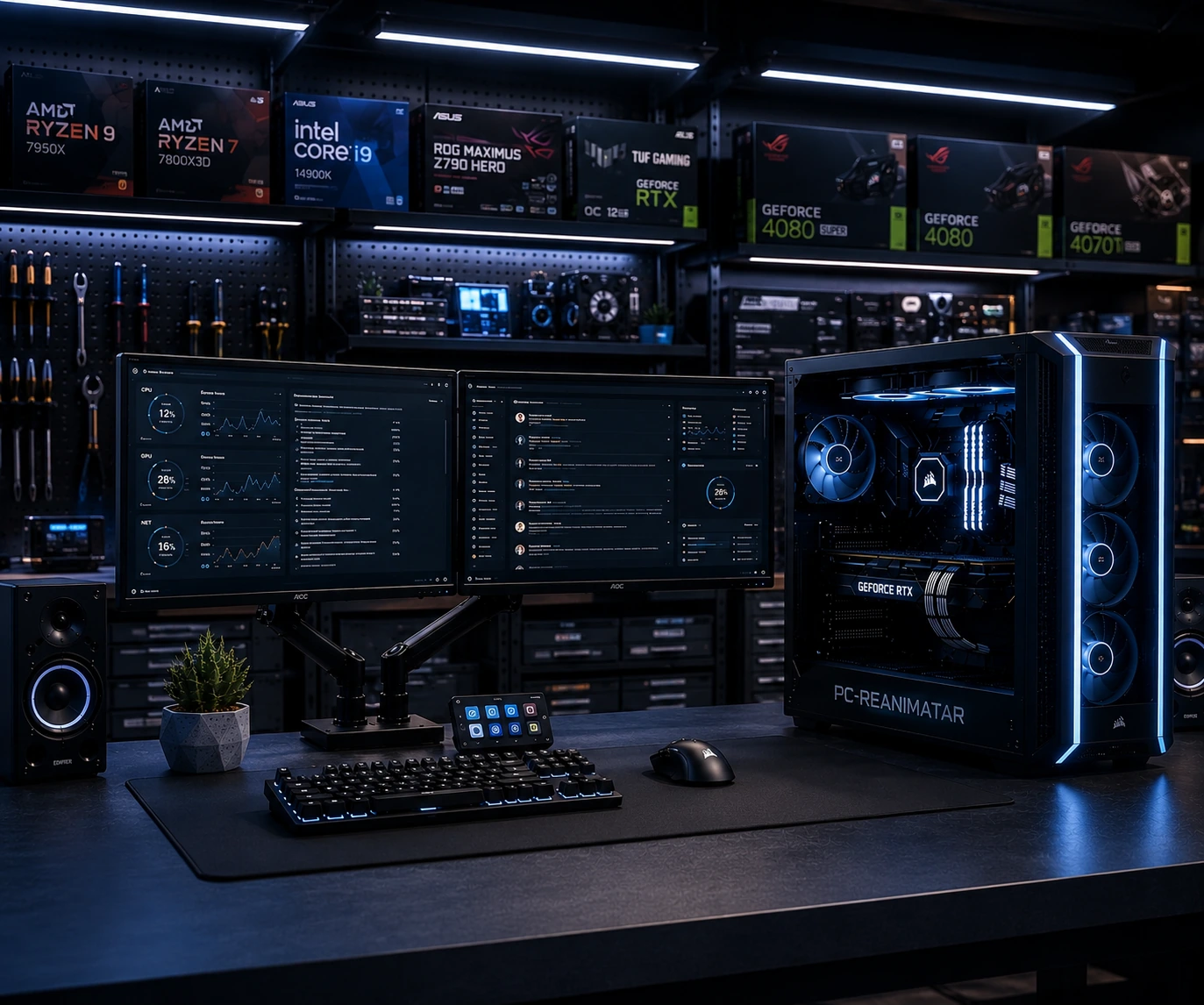 Gaming setup with PC parts and monitors