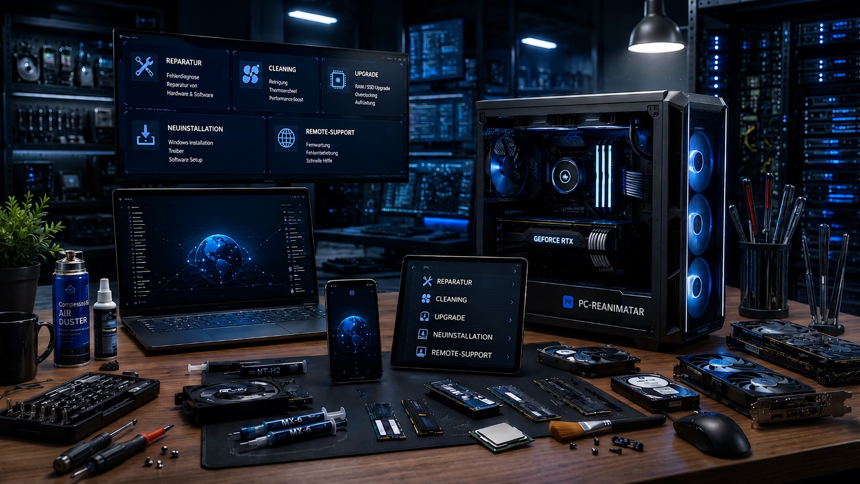 PC service workshop with gaming PC and diagnostics screens