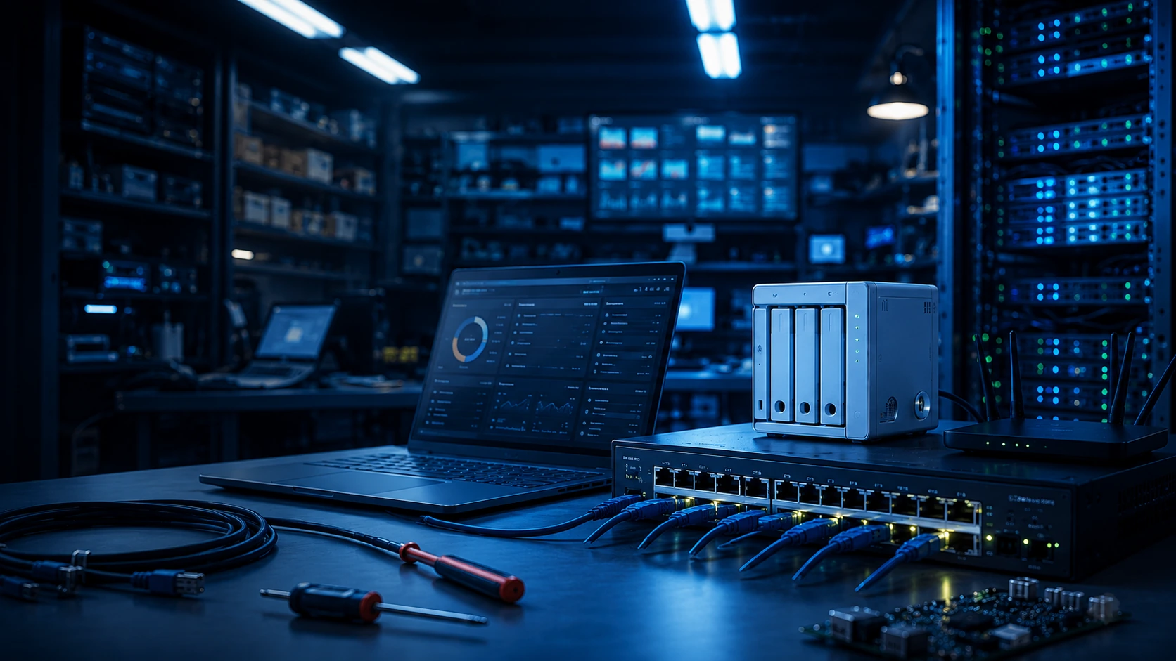 Network and IT service desk with router and NAS