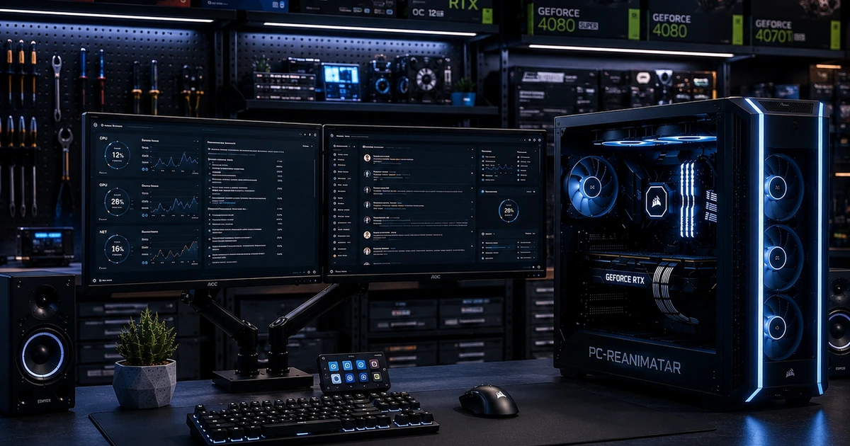 Clean PC service station with gaming PC and monitoring screens