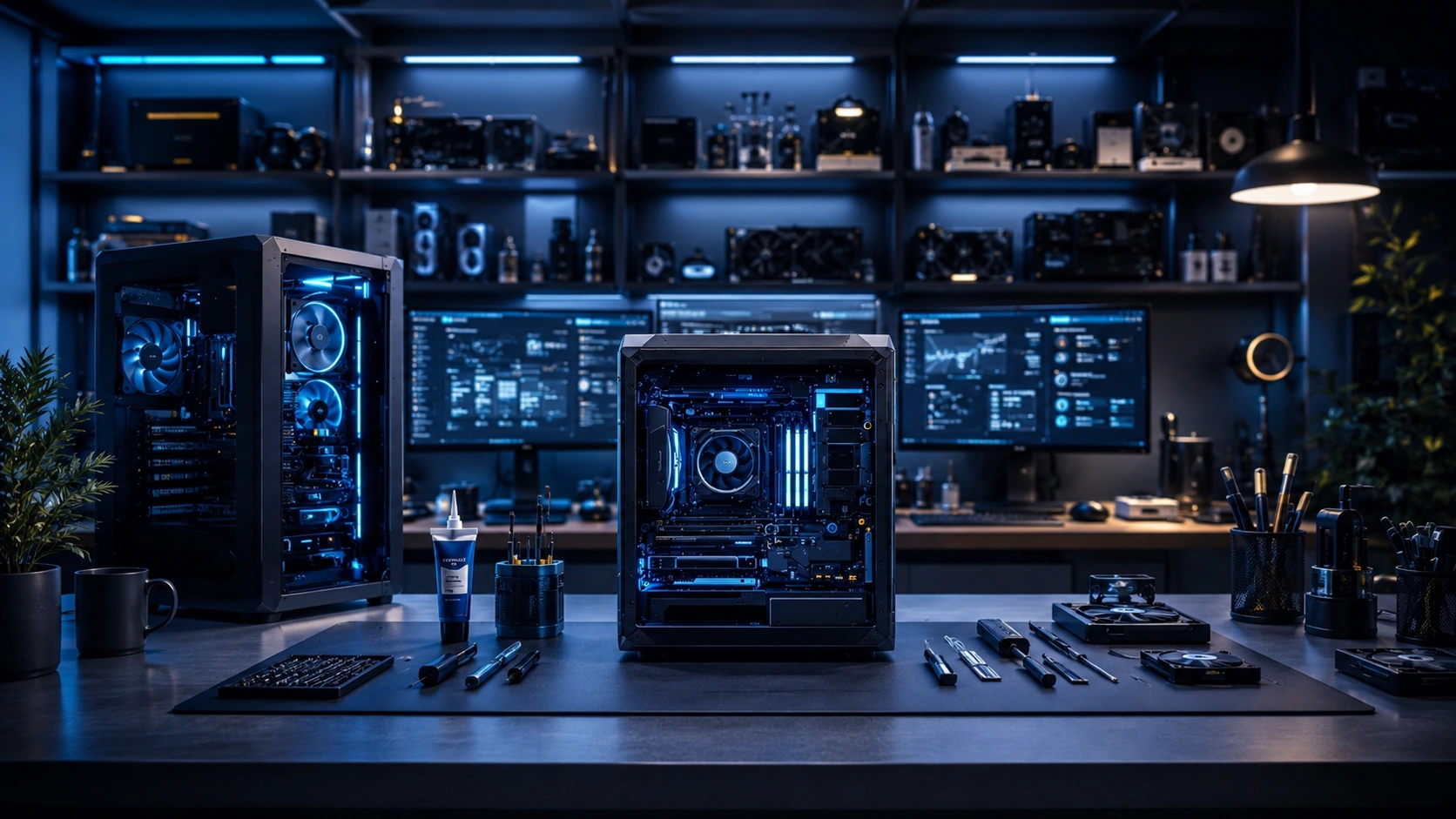PC diagnostic desk with open computer cases